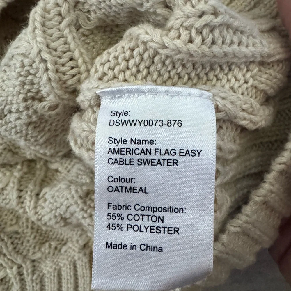 Denimist American Flag Cable Knit Sweater Oatmeal Cream Preppy Patriotic USA J32 - Picture 9 of 9